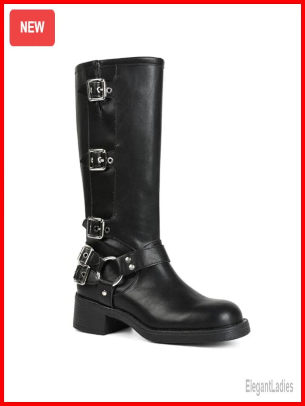 Women's Knee High Moto Biker Buckle Boots Chunky Block Heel